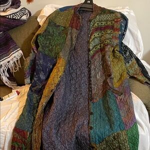 Sacred Threads Colorful Patchwork ankle length silk jacket. Needs  repair